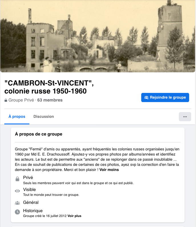Page Facebook. Cambron-Saint-Vincent, colonie russe 1950-1960. 2012-07-16